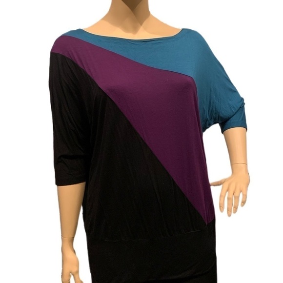 Igigi Dolman-Sleeved Colorblock Tunic Black Violet Aqua Banded Hem Sz 22 / 24 - Picture 1 of 10